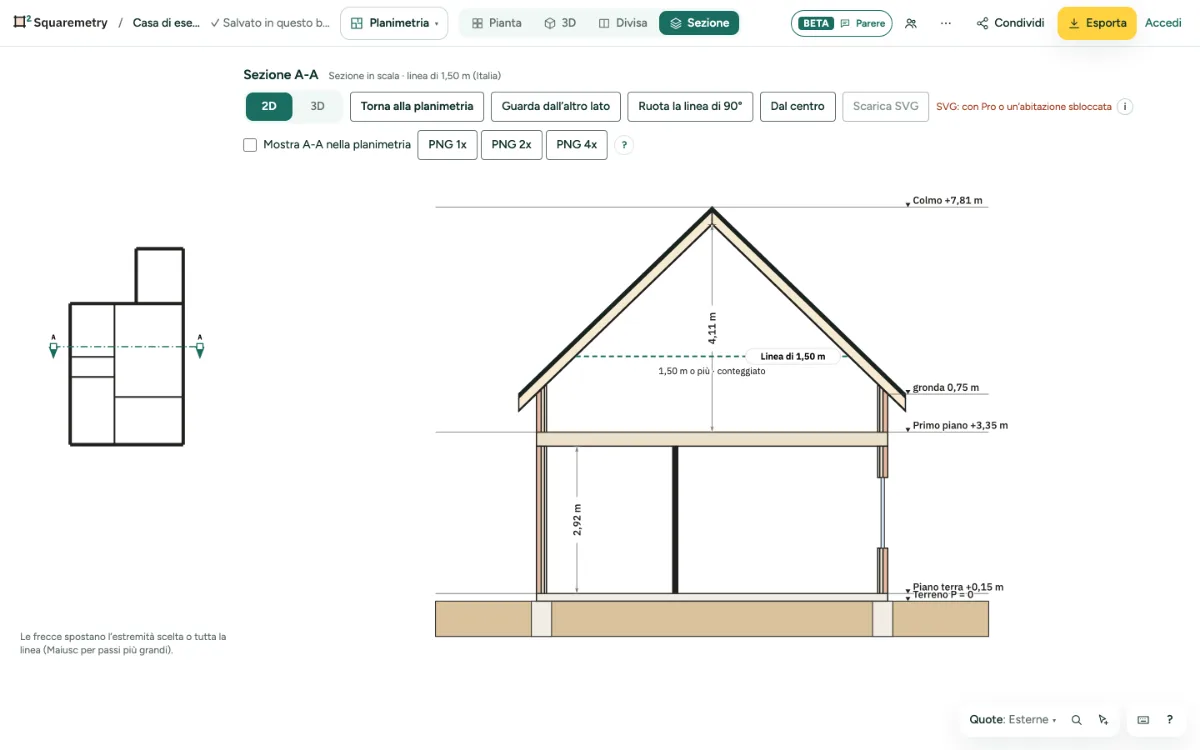 La sezione A-A della casa di esempio, in piano e in scala, con la piccola pianta di riferimento.