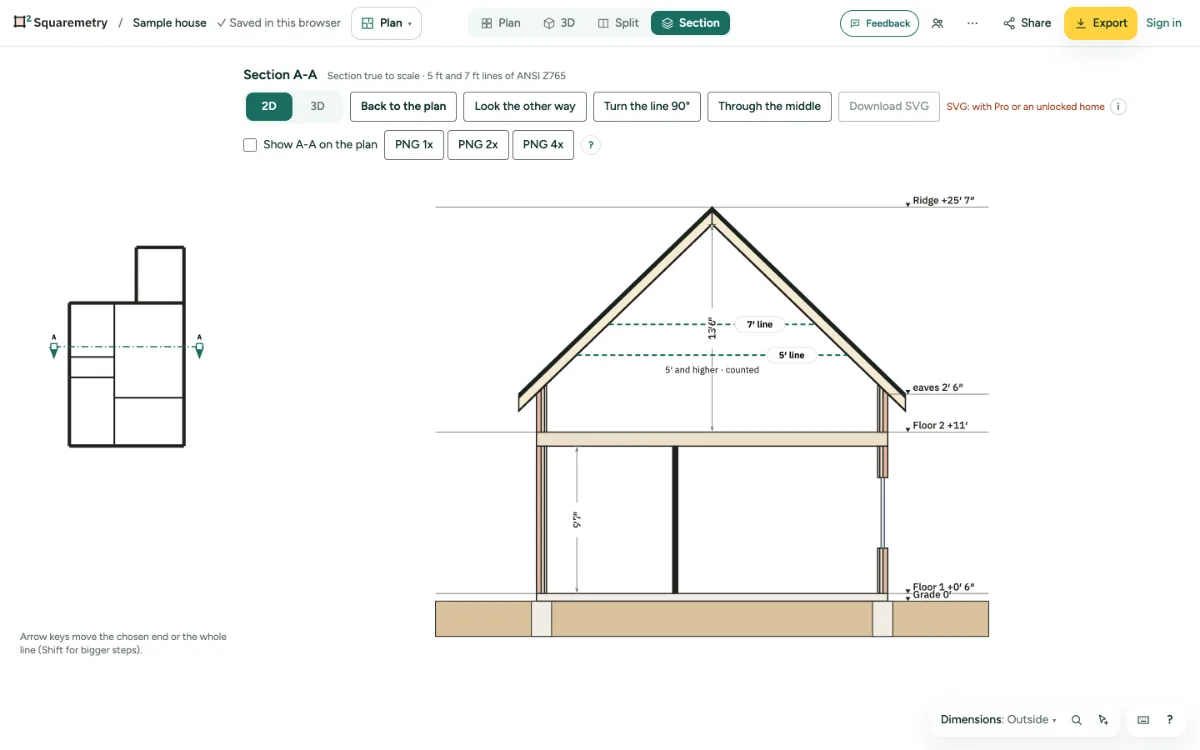 Section A-A of the sample house, flat and to scale, with the key plan.