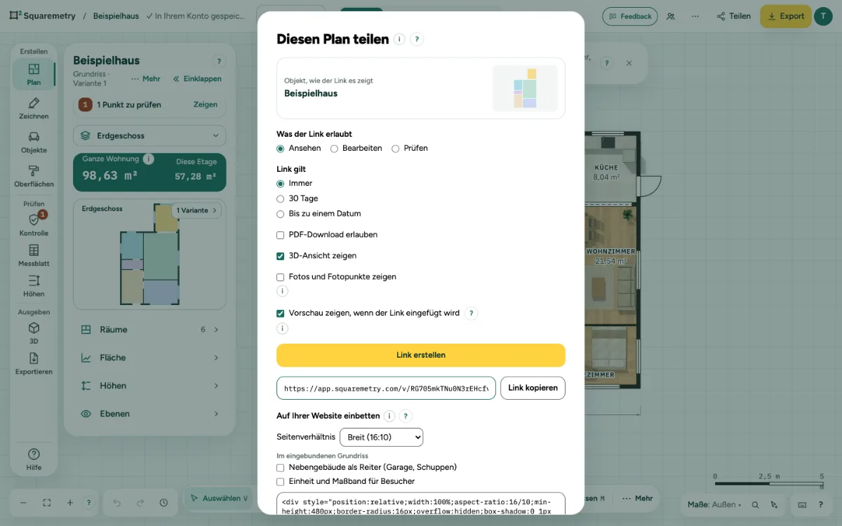 Das Fenster Diesen Plan teilen mit einem erstellten Link zum Ansehen.