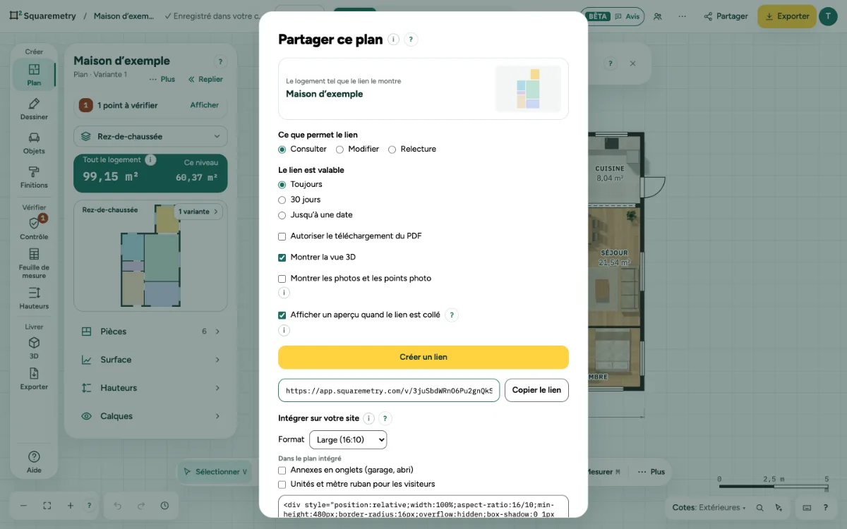 La fenêtre Partager ce plan avec un lien de consultation créé.
