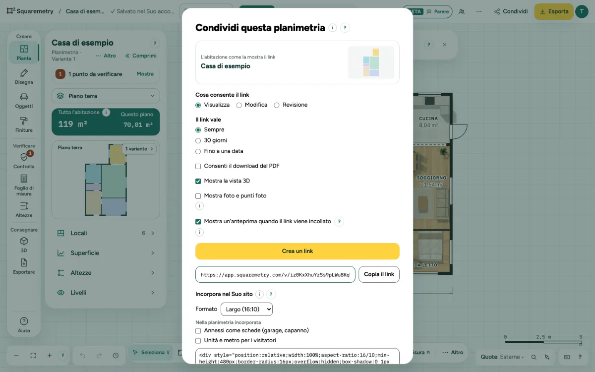 La finestra Condividi questa planimetria con un link di visualizzazione creato.