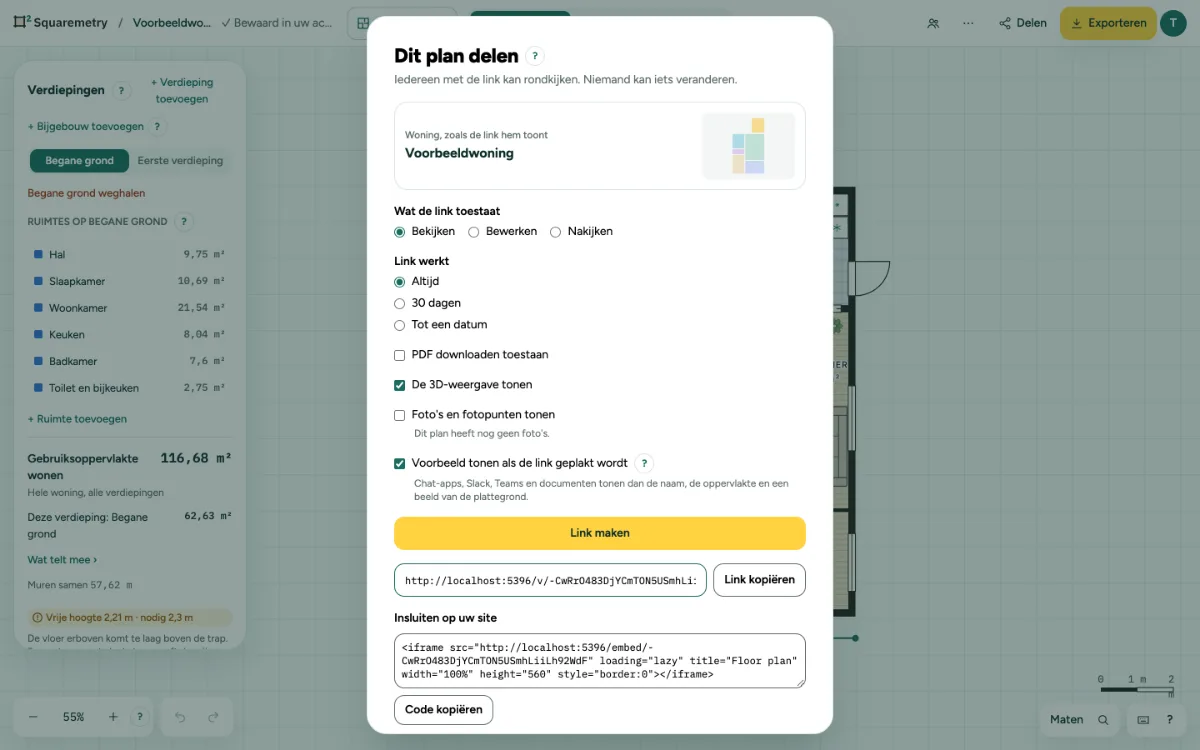 Het venster om een plan te delen, met een gemaakte kijklink en daaronder Insluiten op uw site.