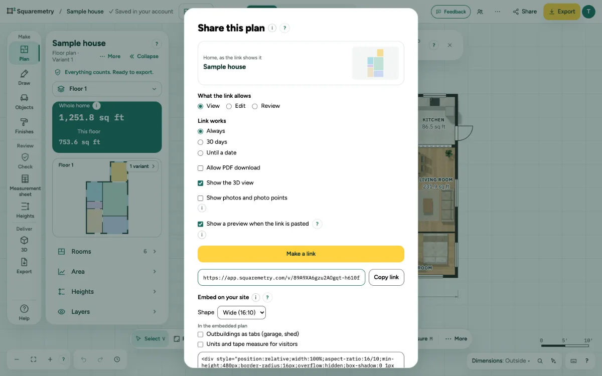 The window to share a plan, with a view link made and Embed on your site below it.