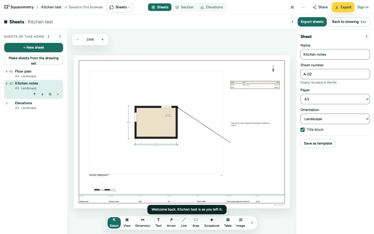 A sheet with a dimension on a wall, a note, an arrow and the table of rooms and areas.