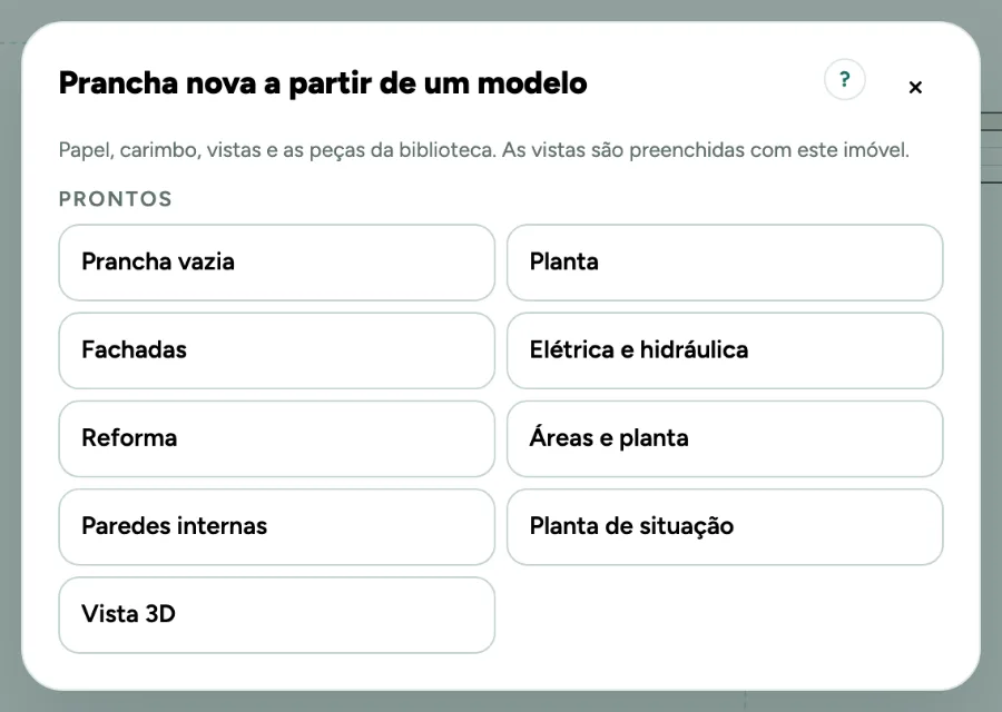 A janela Prancha nova a partir de um modelo, com os modelos prontos e os seus.