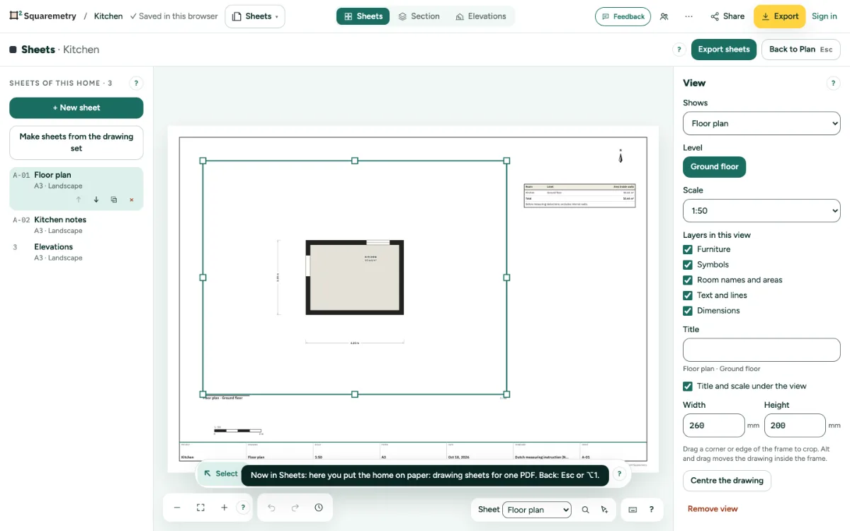 A chosen view on a sheet with its grips, and the view card with what it shows, the scale, the layers and the frame.