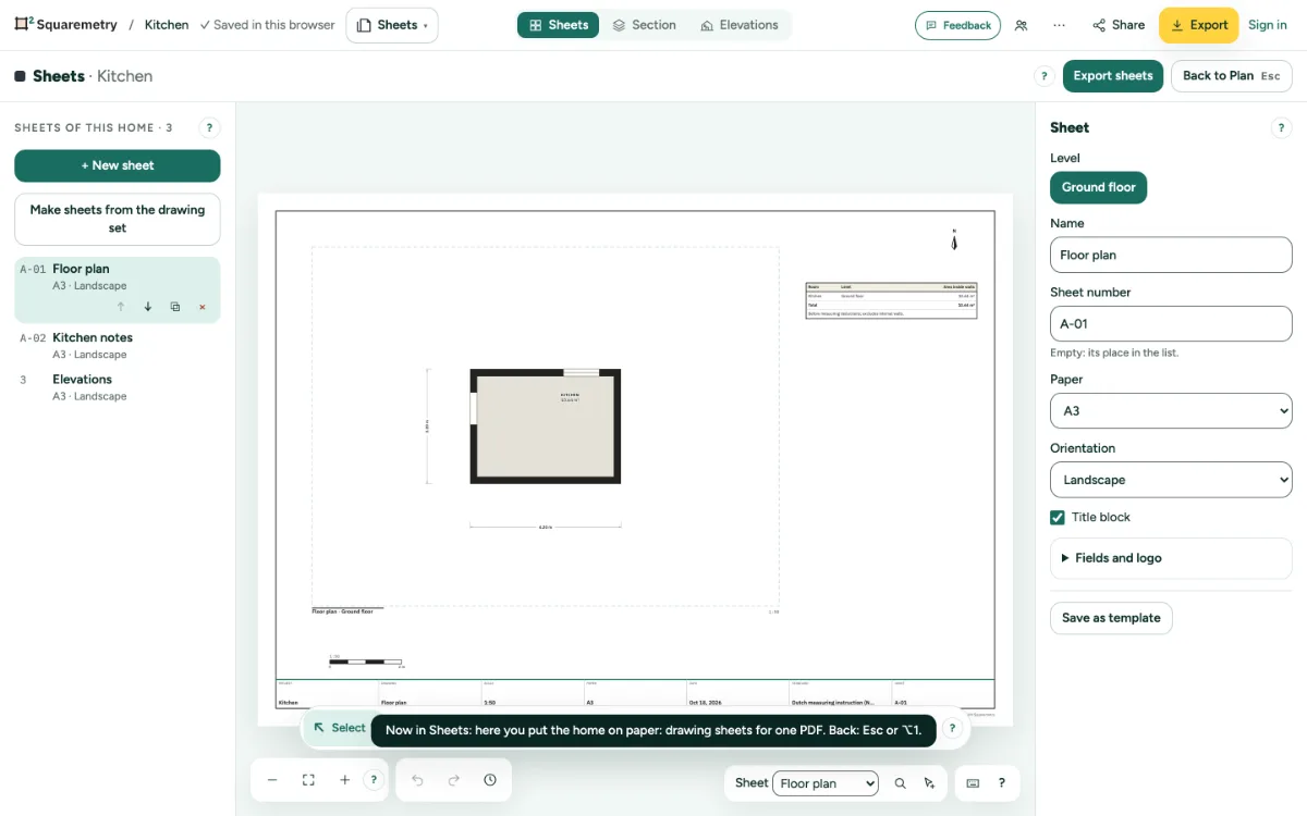 Sheets: the list of sheets on the left, a floor plan sheet with a title block in the middle, the sheet card on the right and the sheet tools below.