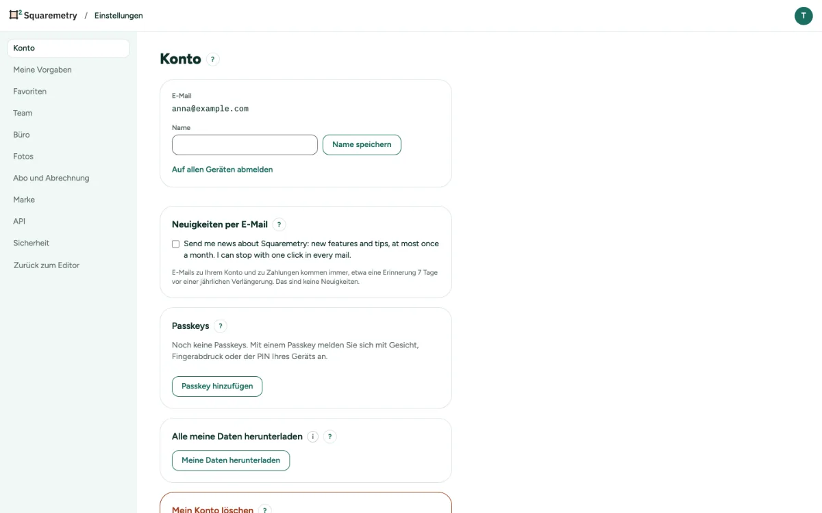 Einstellungen, Konto, mit Passkeys, Ihren Daten und Mein Konto löschen.