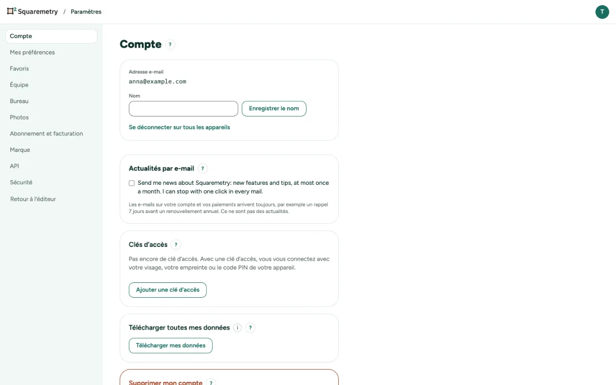 Paramètres, Compte, avec les clés d’accès, vos données et Supprimer mon compte.