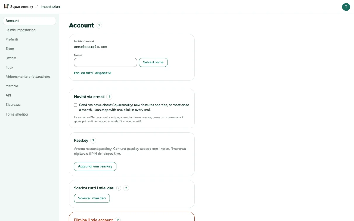 Impostazioni, Account, con Passkey, i Suoi dati ed Elimina il mio account.