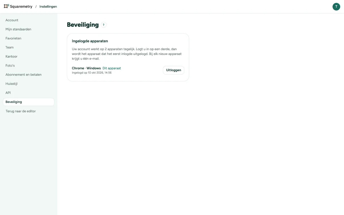 Instellingen, Beveiliging, met de ingelogde apparaten, Dit apparaat en Uitloggen.