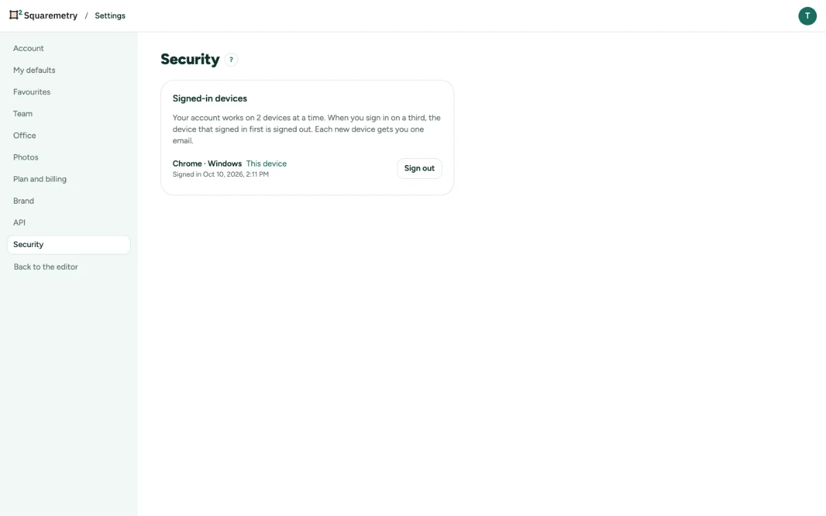 Settings, Security, with the signed-in devices, This device and Sign out.