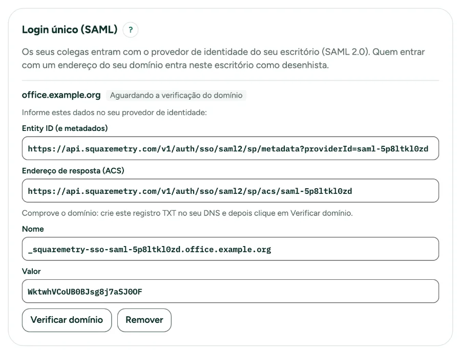Configurações, Equipe, com Login único: os nossos dados, o registro TXT e Verificar domínio.