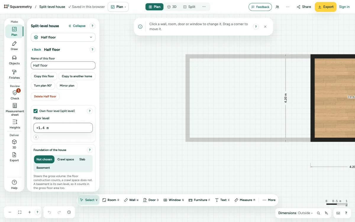 The menu of a half level with Own floor level ticked and the floor level +1.40 m, next to the plan.