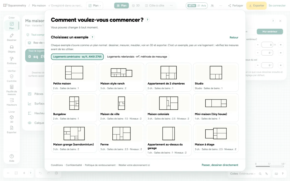 L’écran de démarrage avec Choisissez un exemple : logements américains et logements néerlandais, chaque exemple avec un petit plan, ses chambres, ses salles de bains et ses niveaux.
