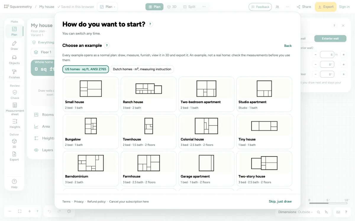 The start screen showing Choose an example: US homes and Dutch homes, each example with a small plan, its bedrooms, baths and floors.