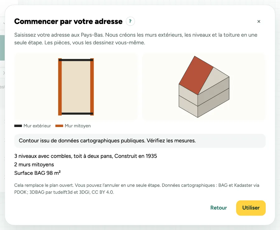 Partir d’une adresse : le contour du rez-de-chaussée avec les murs mitoyens en orange, une petite vue 3D avec trois niveaux et un toit à deux pans, et Utiliser.
