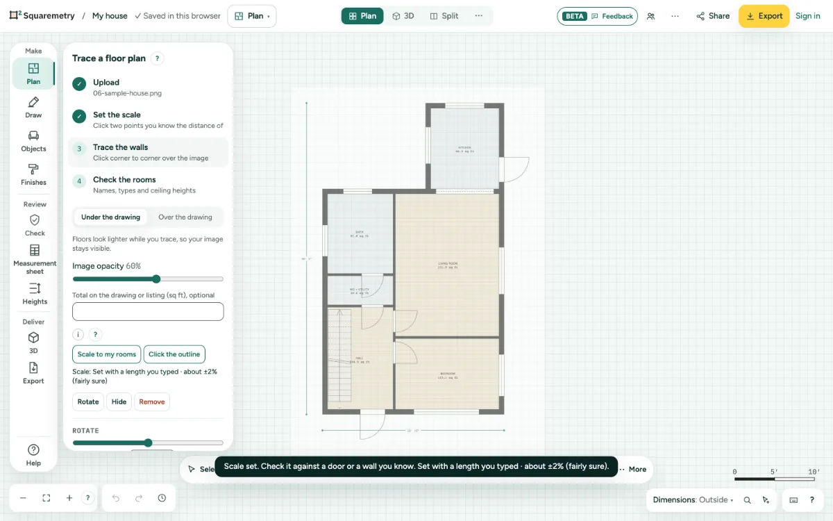 A plan image under the drawing, the scale set, and the panel Trace a floor plan with its four steps.