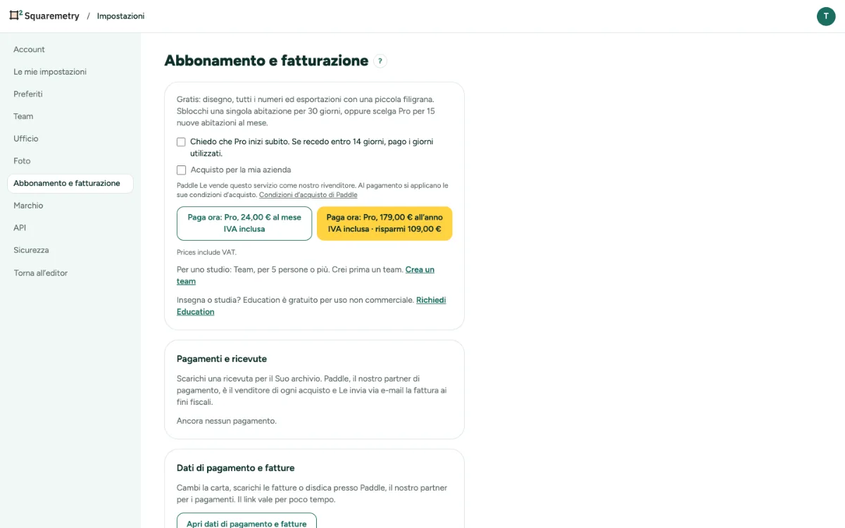 Impostazioni, Abbonamento e fatturazione, con Pro al mese o all’anno.
