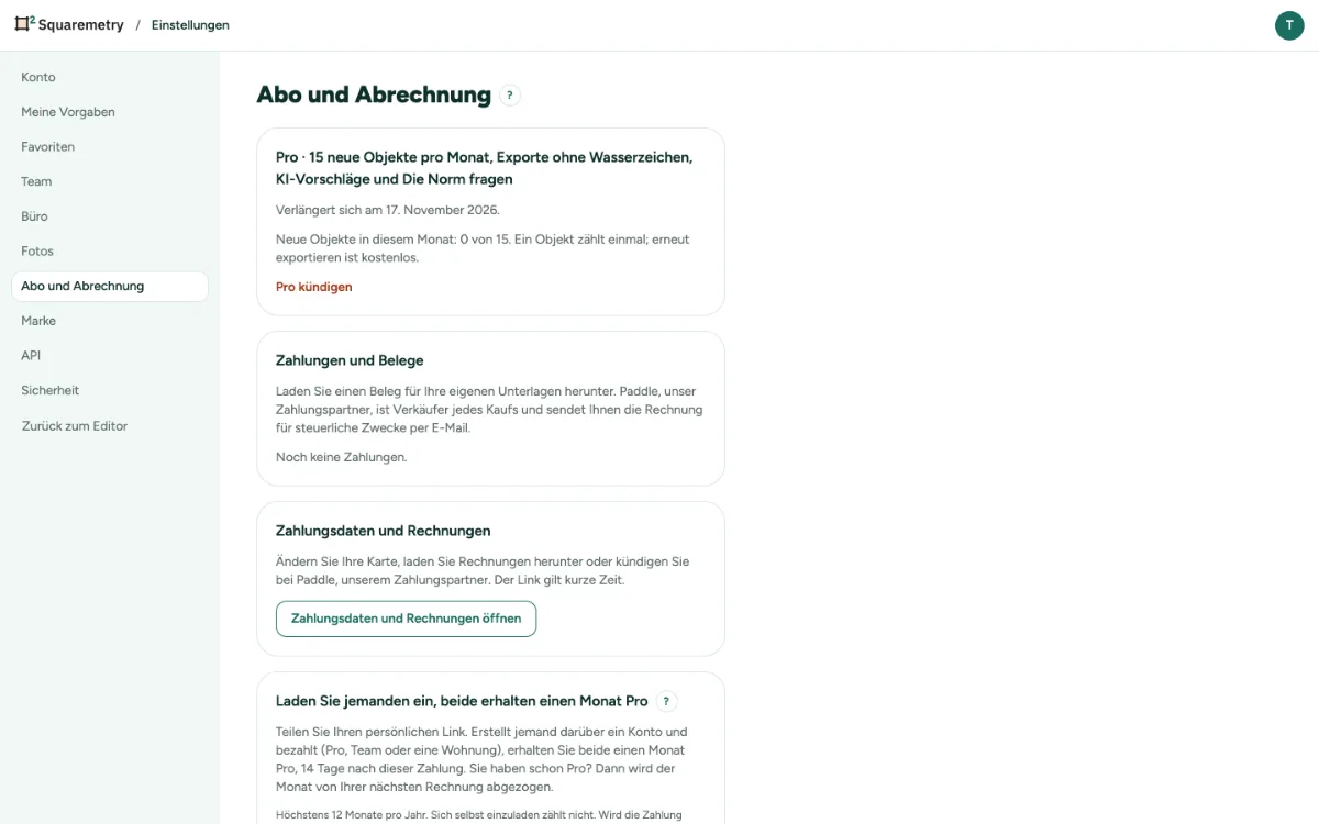 Einstellungen, Abo und Abrechnung mit Pro: das Datum der Verlängerung und Pro kündigen.
