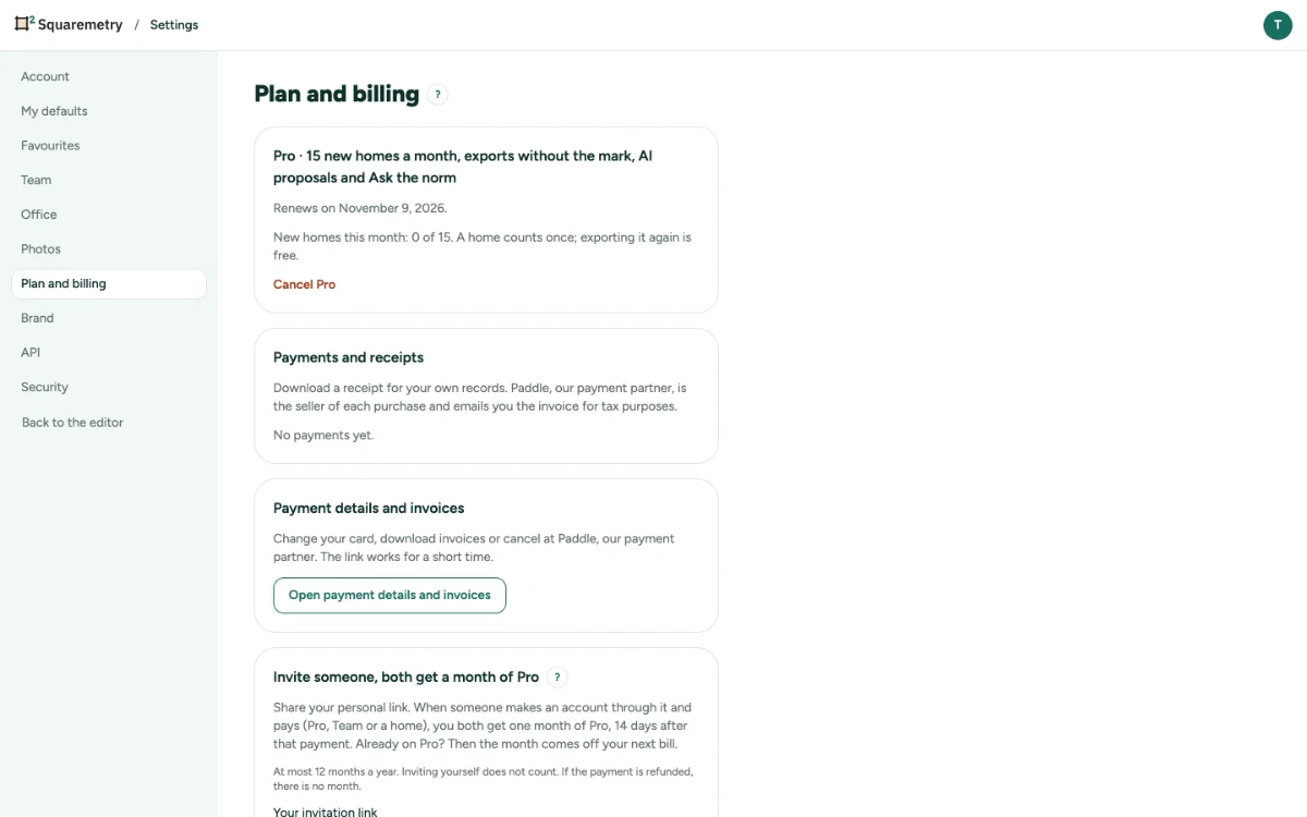 Settings, Plan and billing with Pro: the renewal date and Cancel Pro.