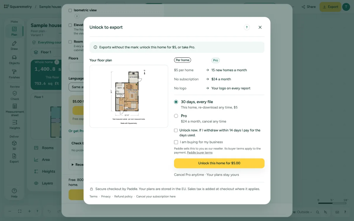 The window Unlock to export, with 30 days every file or Pro.
