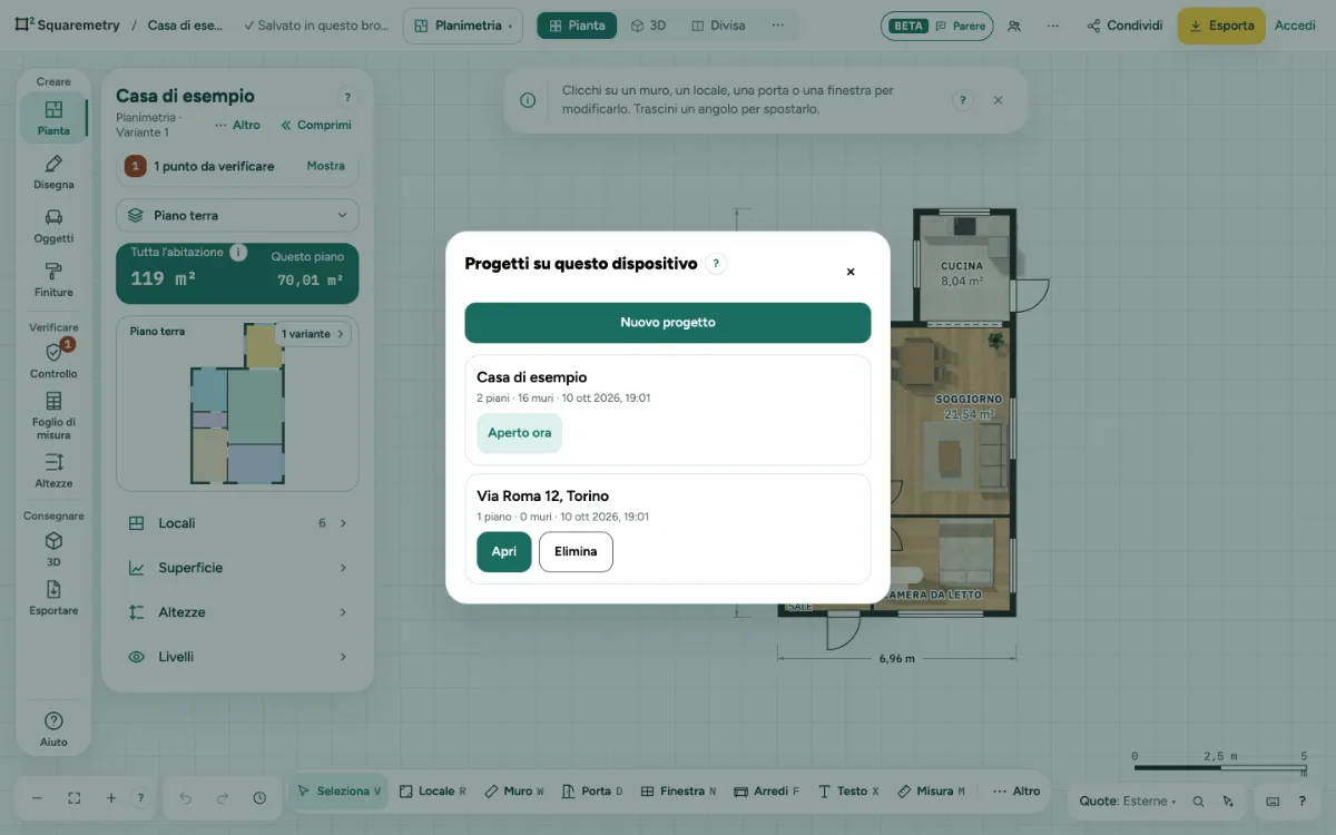 La finestra Progetti su questo dispositivo nell’app, con Nuovo progetto e due progetti; quello aperto riporta Aperto ora.
