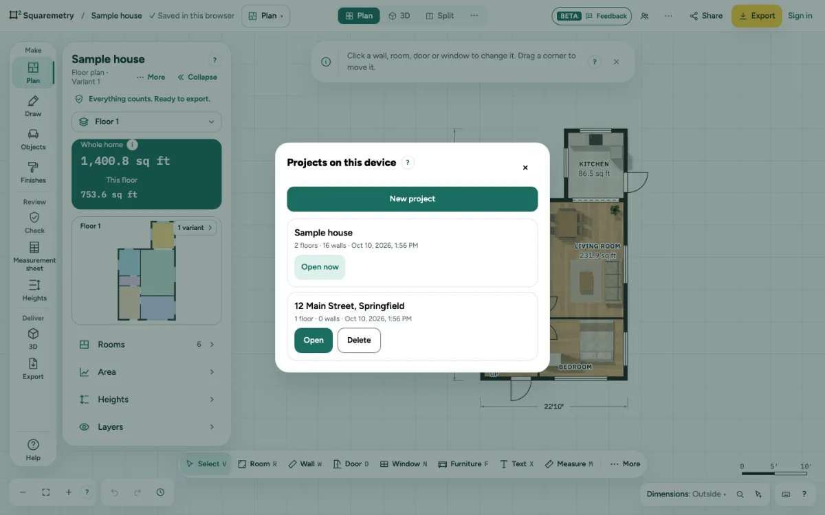 The window Projects on this device in the app, with New project and two projects; the open one says Open now.