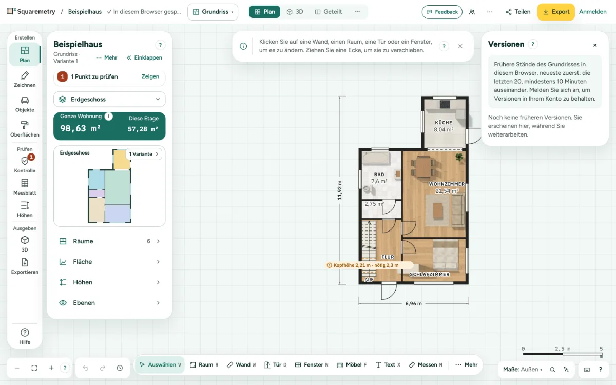 Das Fenster Versionen eines Plans in diesem Browser.