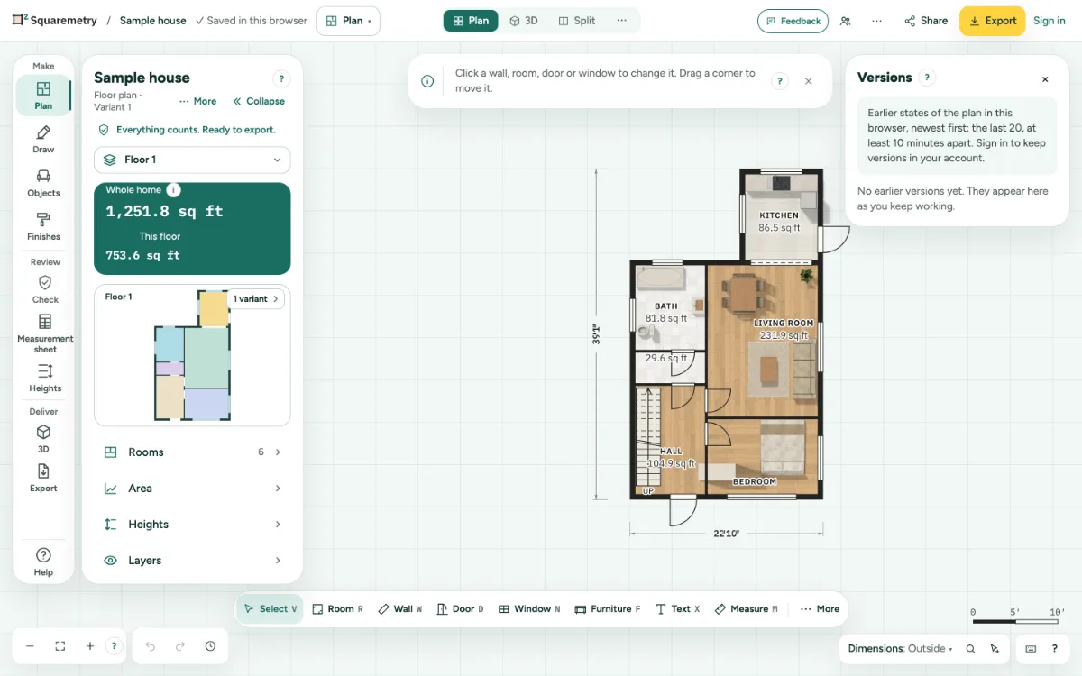 The Versions window of a plan in this browser.
