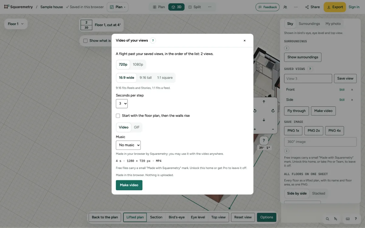 The window Video of your views, with size, shape and seconds per step.