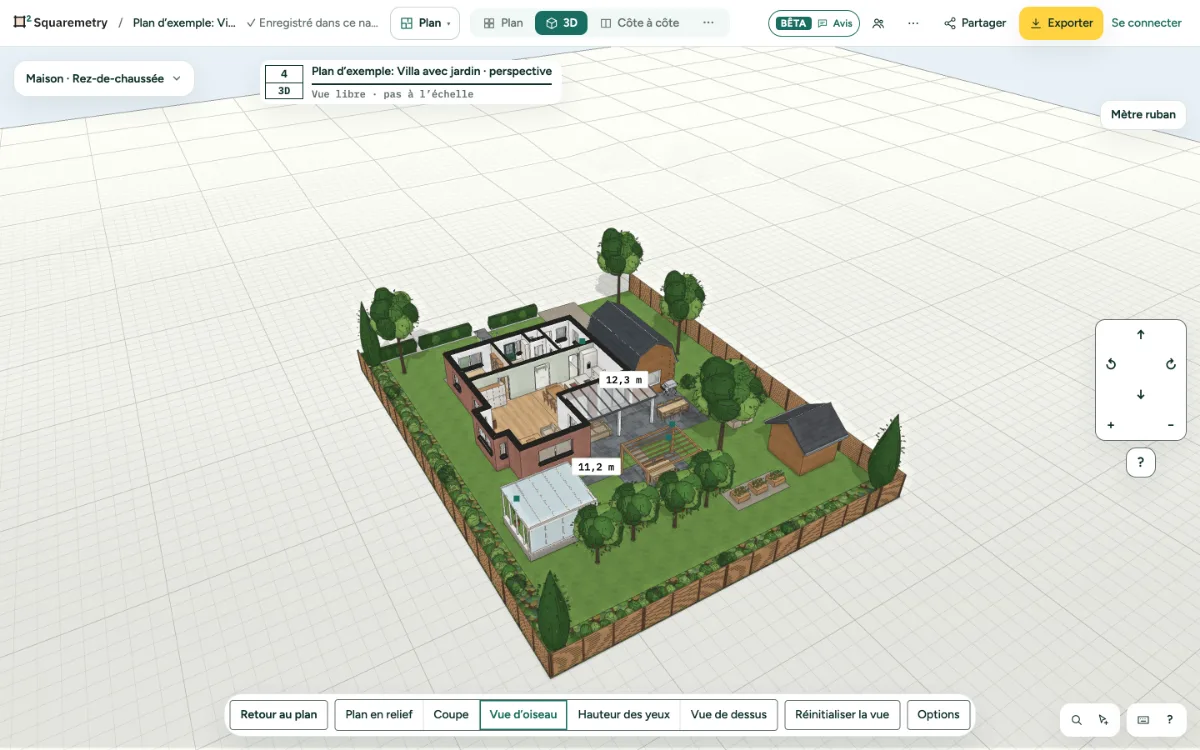 La villa d’exemple avec jardin en 3D, en vue d’oiseau : façades en brique, portes et fenêtres, toitures et jardin.