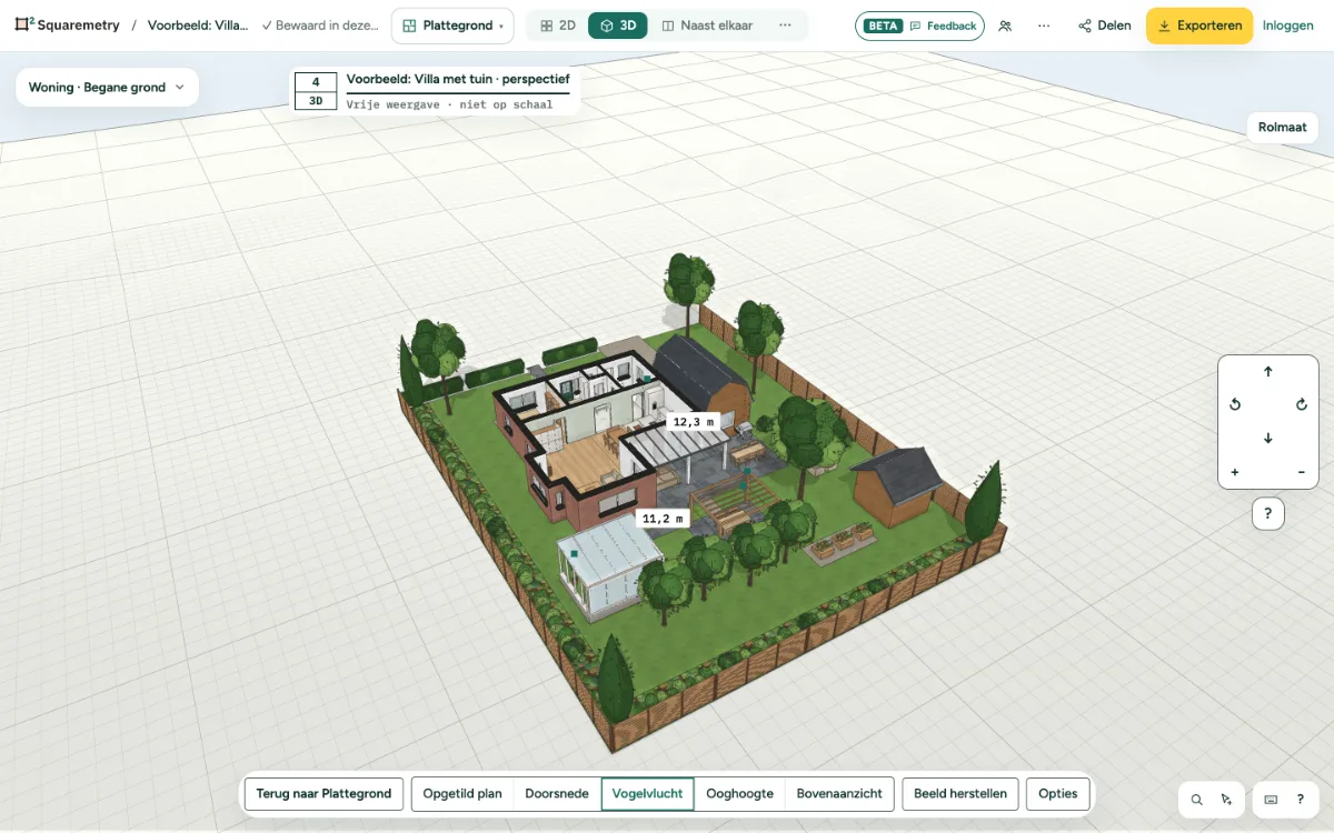 De Voorbeeldwoning in 3D als opgetild plan, gesneden op 1,5 m, met links de ruimtes en de gebruiksoppervlakte wonen van 116,68 m².