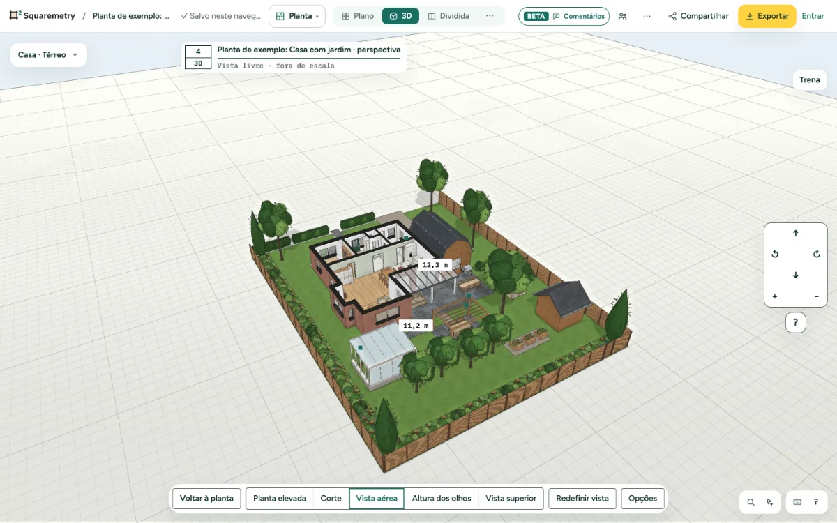 A villa de exemplo com jardim em 3D, em vista aérea: fachadas de tijolo, portas e janelas, telhados e o jardim.