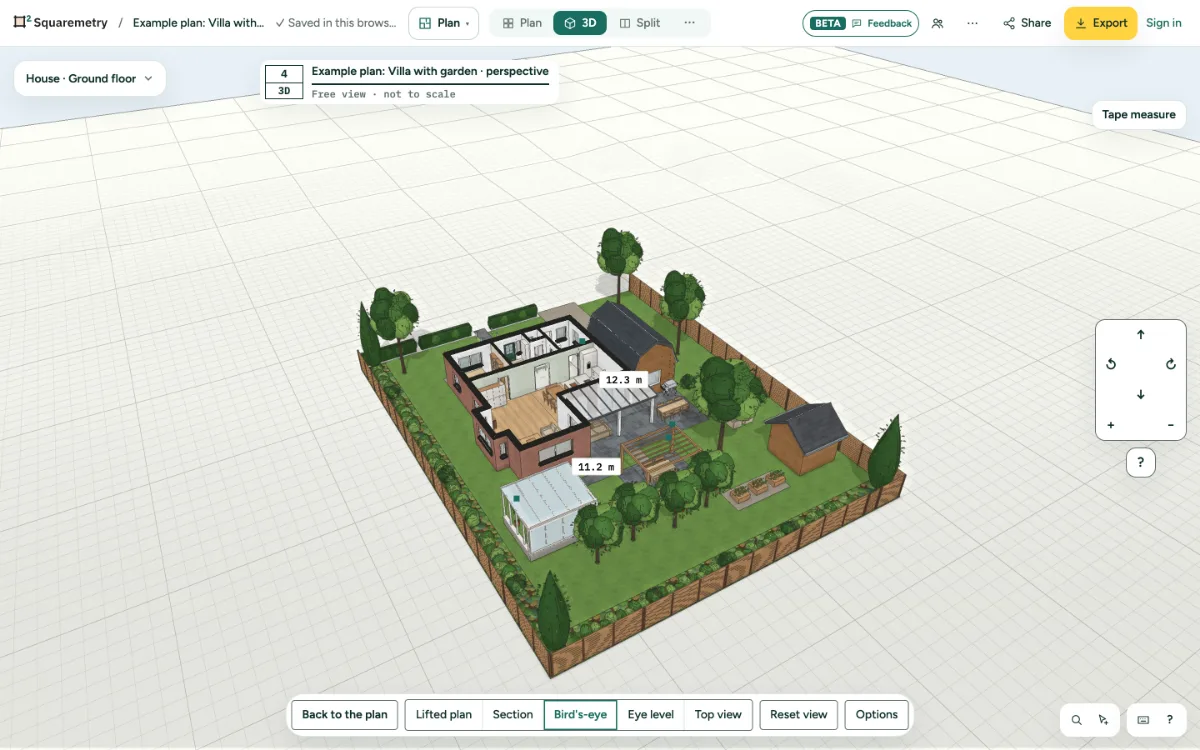 The example villa with garden in 3D from a bird's-eye view: brick facades, doors and windows, roofs and the garden.