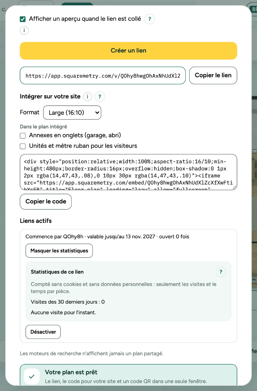 La fenêtre Partager avec les Statistiques ouvertes pour un lien de consultation.