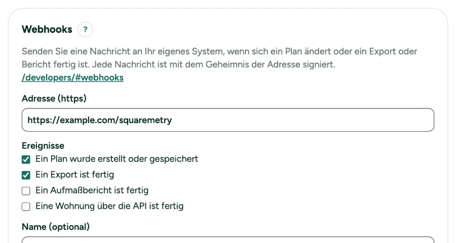 Einstellungen, API, mit Webhooks: die Adresse, die Ereignisse und die Liste.