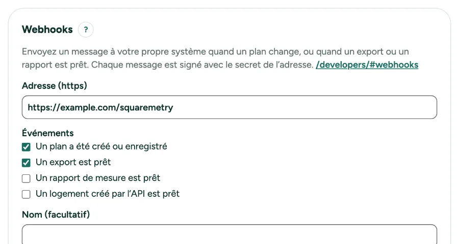Paramètres, API, avec Webhooks : l’adresse, les événements et la liste.