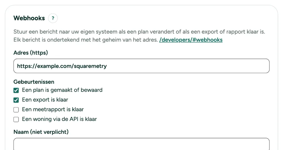 Instellingen, API, met Webhooks: het adres, de gebeurtenissen en de lijst.