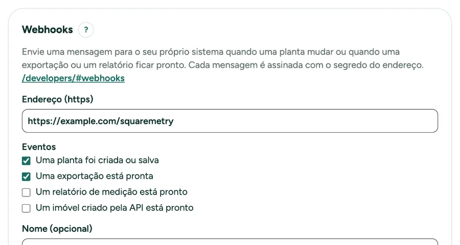 Configurações, API, com Webhooks: o endereço, os eventos e a lista.