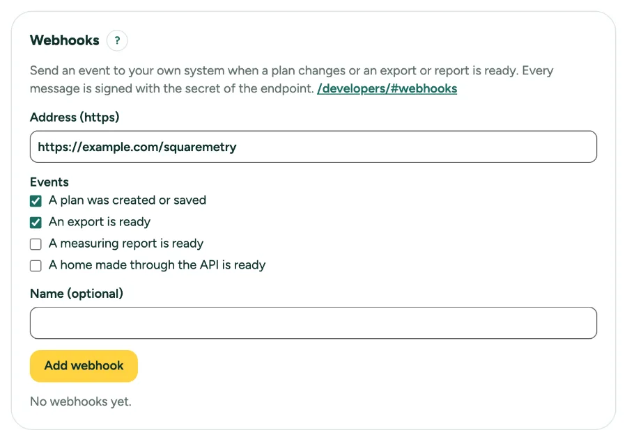 Settings, API, with Webhooks: the address, the events and the list.