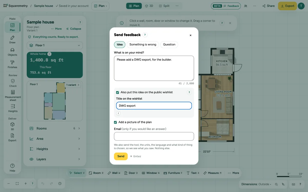 The Send feedback window with Idea chosen and Also put this idea on the public wishlist ticked, with a title for the wishlist.
