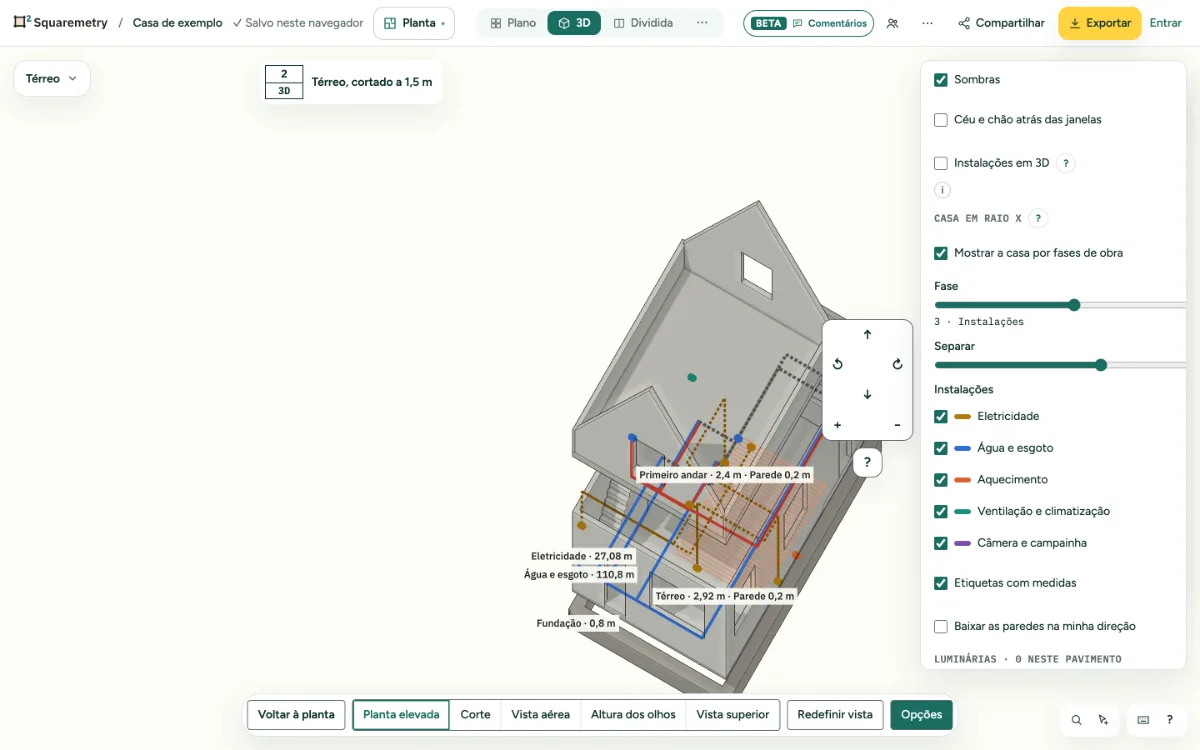 A casa de exemplo em 3D na fase Instalações, separada, com tubulações e cabos nas suas cores e as opções do raio X à direita.