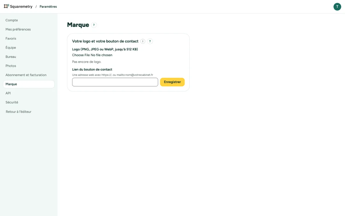 Paramètres, Marque, avec votre logo et le lien du bouton de contact.