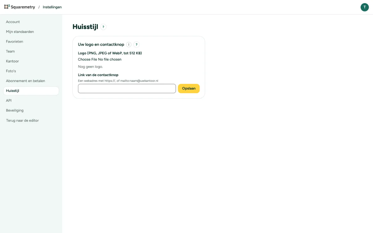 Instellingen, Huisstijl, met uw logo en de link van de contactknop.