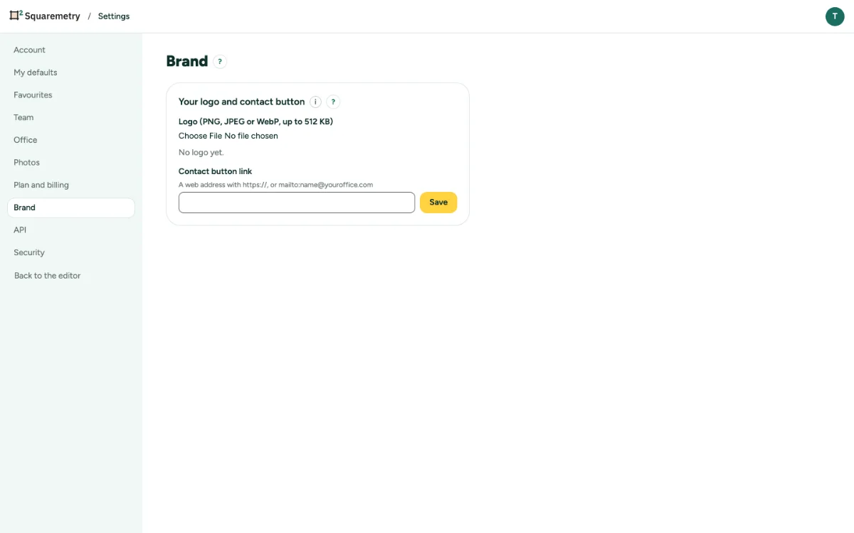 Settings, Brand, with your logo and the contact button link.