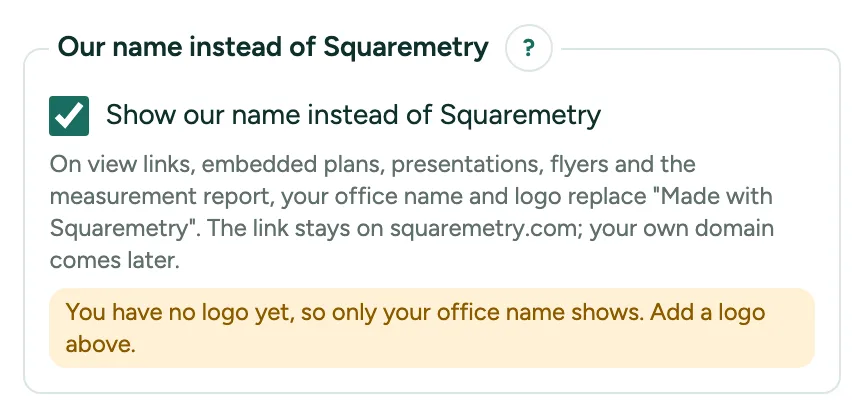 The house style of a team with Show our name instead of Squaremetry ticked.