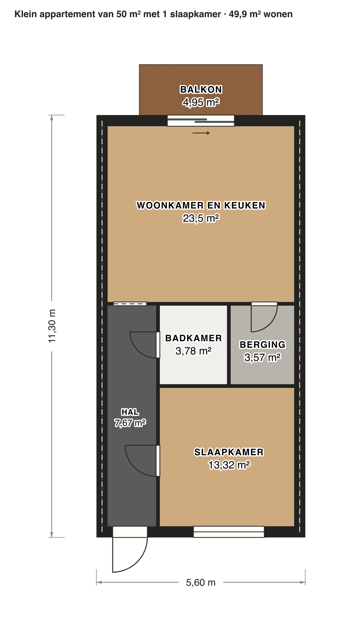 Plattegrond klein appartement van 50 m² met 1 slaapkamer: 49,9 m² gebruiksoppervlakte wonen, 1 slaapkamer, 1 badkamer · één bouwlaag, op schaal getekend met de naam en oppervlakte van elke ruimte.