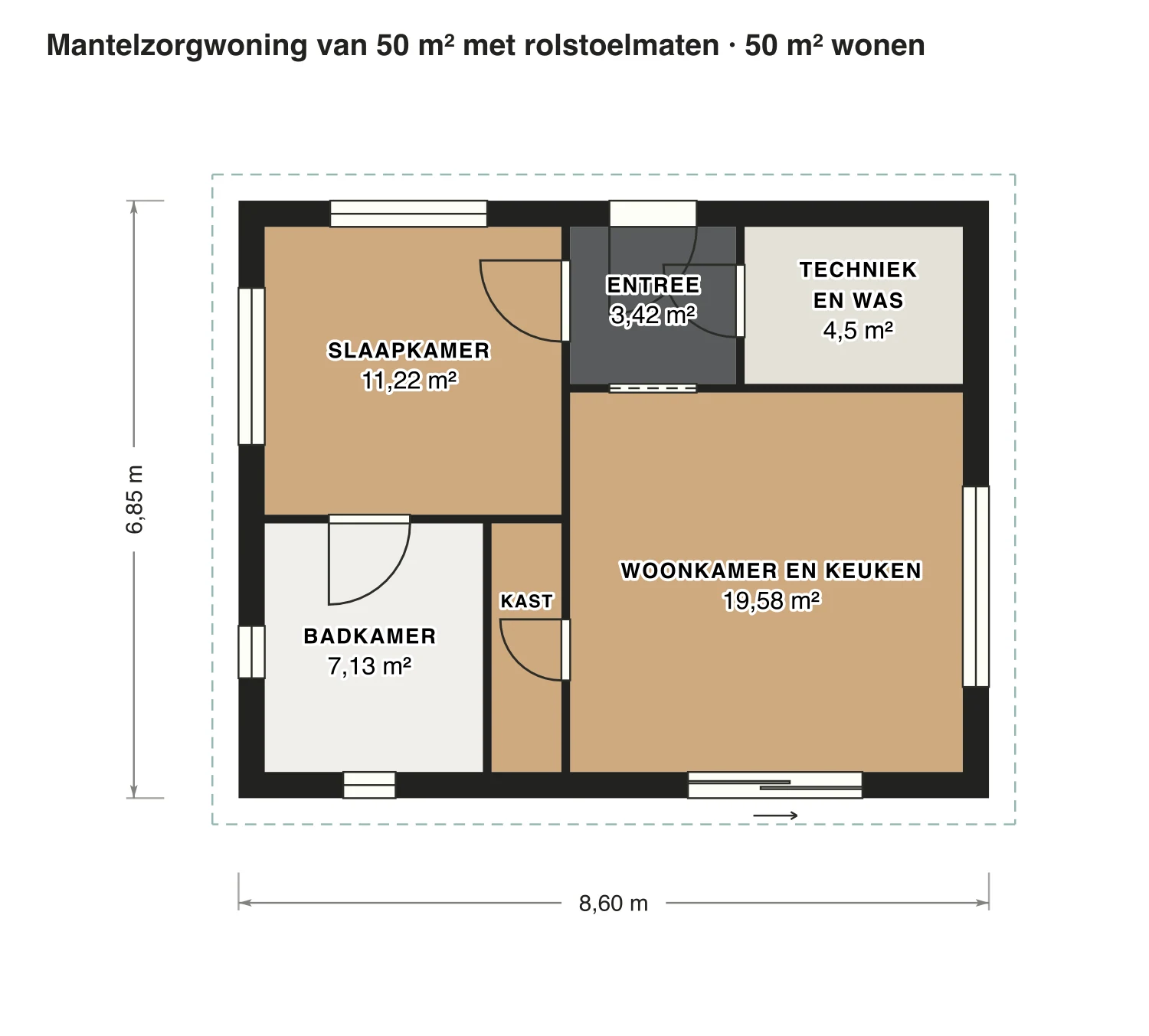 Plattegrond mantelzorgwoning van 50 m² met rolstoelmaten: 50 m² gebruiksoppervlakte wonen, 1 slaapkamer, 1 badkamer · één bouwlaag, op schaal getekend met de naam en oppervlakte van elke ruimte.