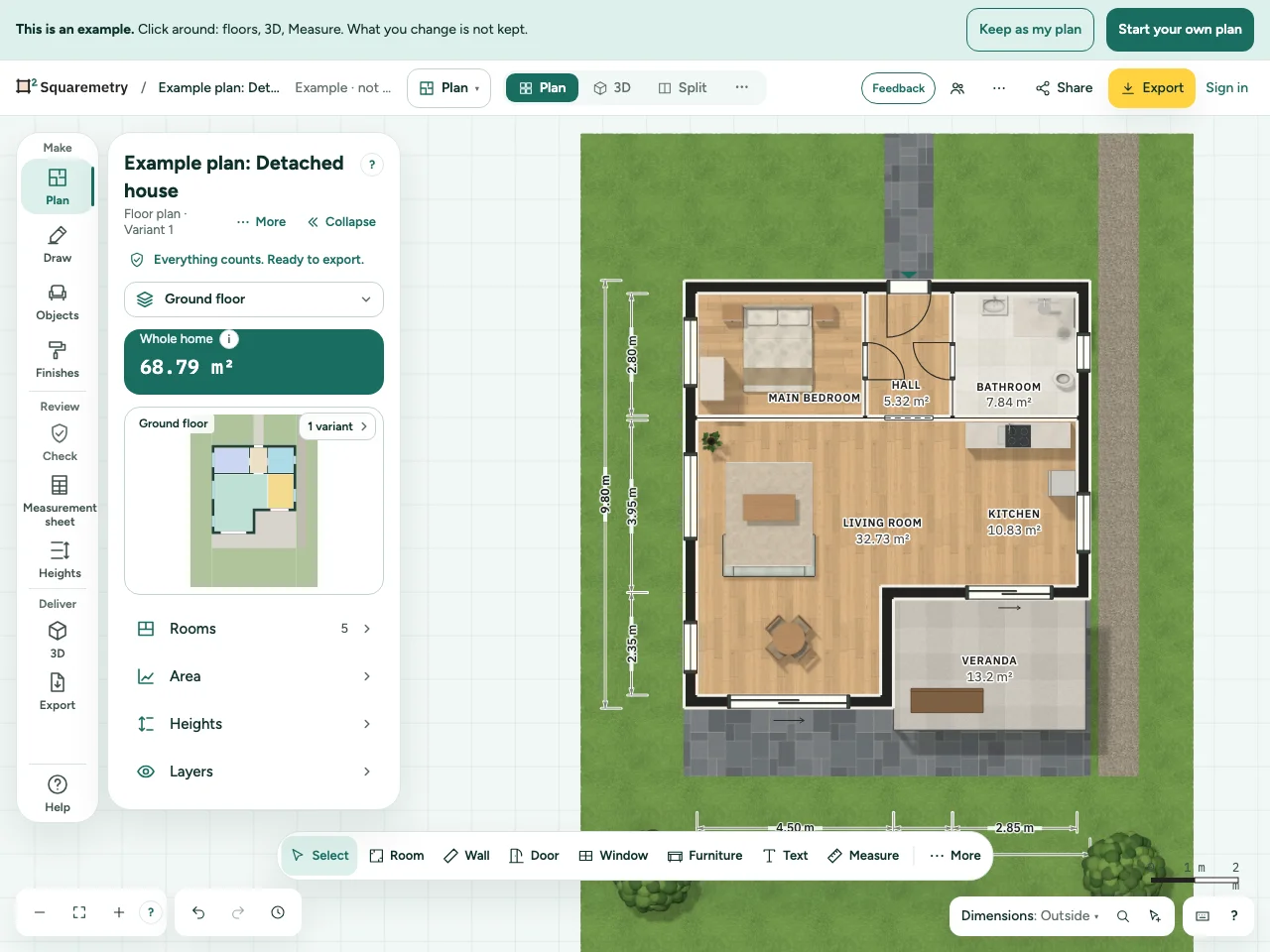 A furnished demo home in the Squaremetry floor plan editor.